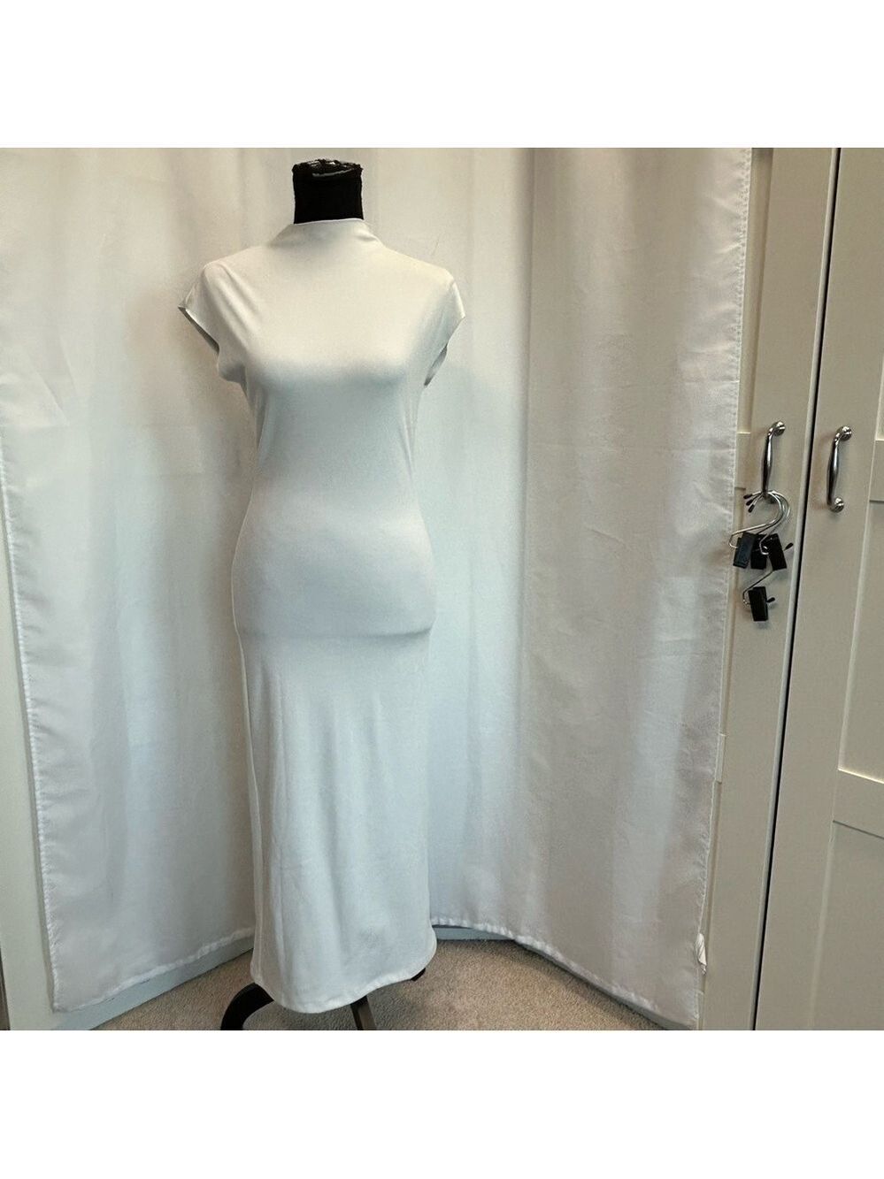 Zara White ribbed short sleeve mock neck Bodycon soft stretch midi dress M NWOT